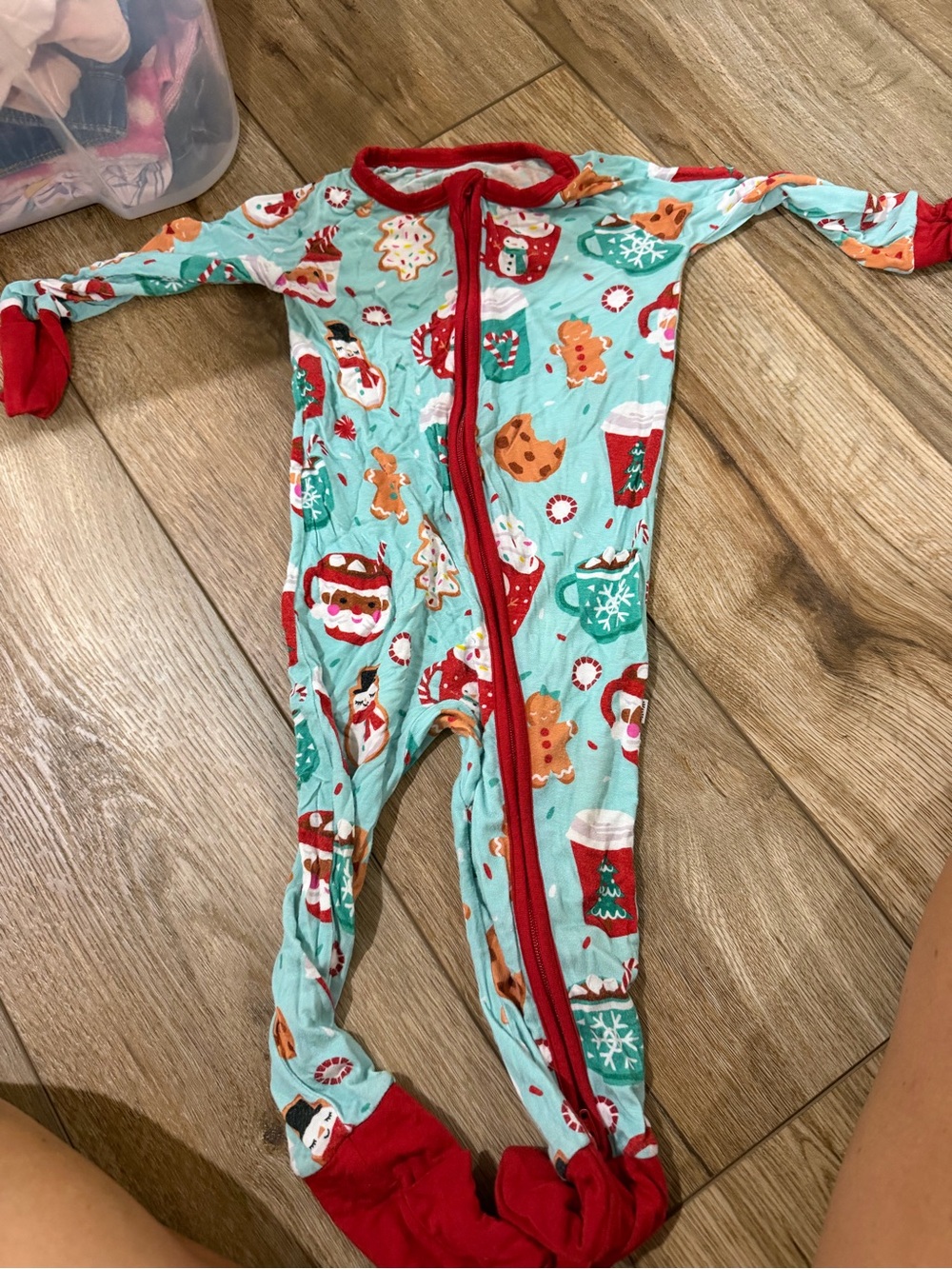 Little Sleepies Light Teal Holiday Footed Pajamas with Red Trim